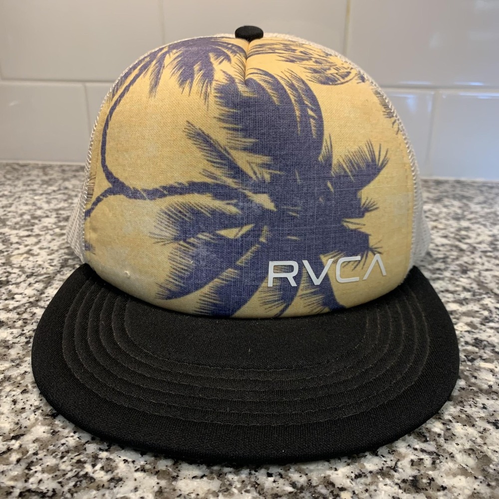 RVCA Hat Cap Snap Back Mens Black Palm Tree Trucker Mesh‎ Beach Surf Skate